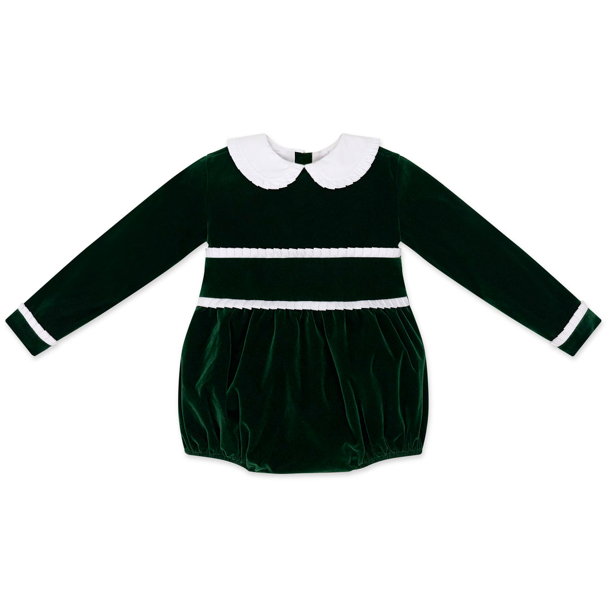Baby girls’ Long Sleeve Grace Bubble in Grafton Green Velvet with a white pleated collar, waist and cuff trim.