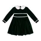 Baby girls’ Long Sleeve Grace Bubble in Grafton Green Velvet with a white pleated collar, waist and cuff trim.