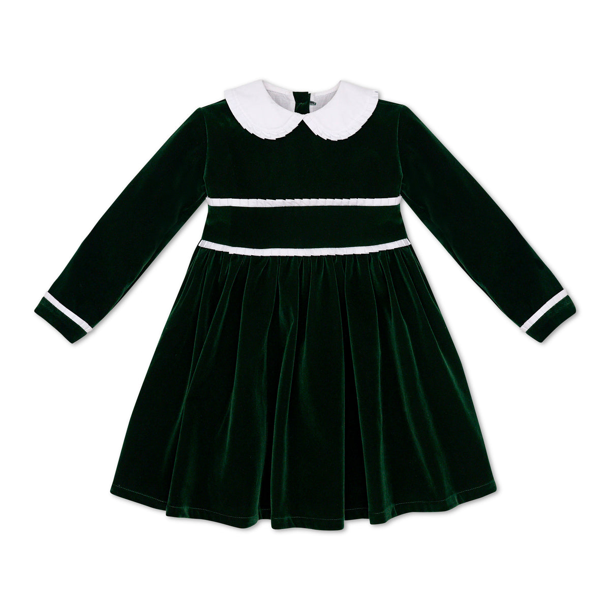Baby girls’ Long Sleeve Grace Bubble in Grafton Green Velvet with a white pleated collar, waist and cuff trim.