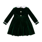 Baby girls’ Long Sleeve Grace Bubble in Grafton Green Velvet with a white pleated collar, waist and cuff trim.