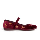 Meri Meri x Marjen Bowie burgundy velvet Mary Jane with gold bow embroidery, side view