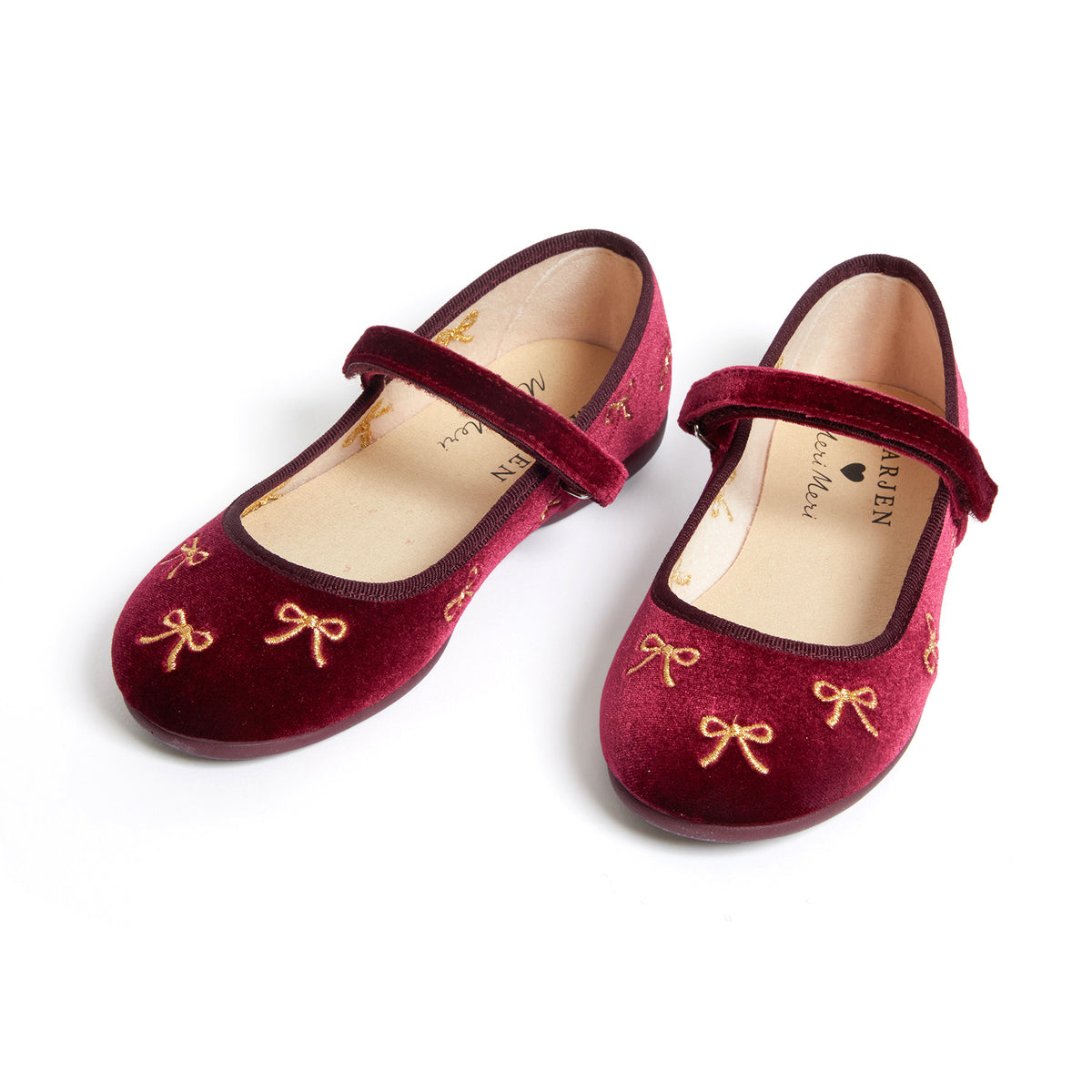Meri Meri x Marjen Bowie burgundy velvet Mary Jane with gold bow embroidery, pair angled