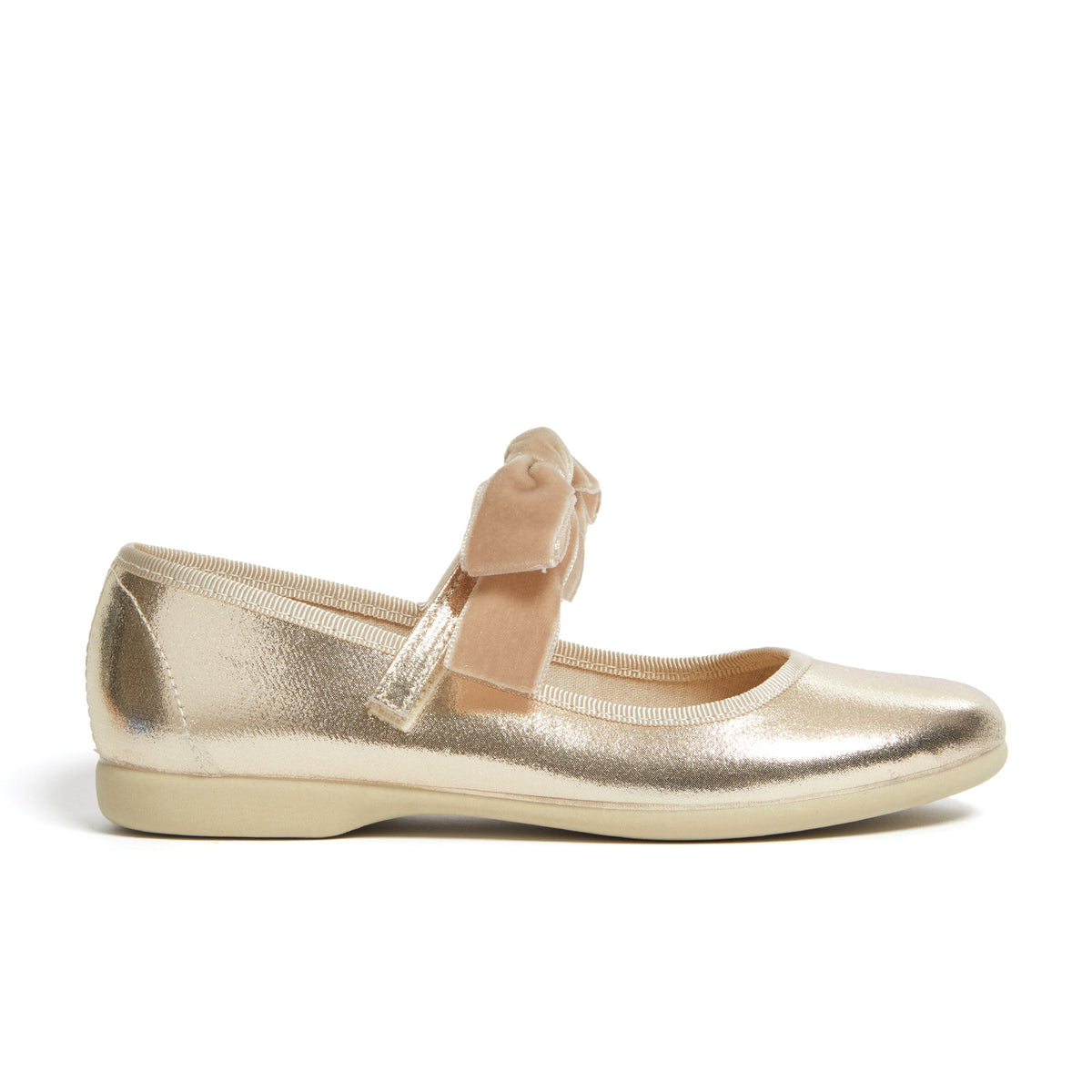 Meri Meri x Marjen Missy metallic gold Mary Jane with velvet bow, side view