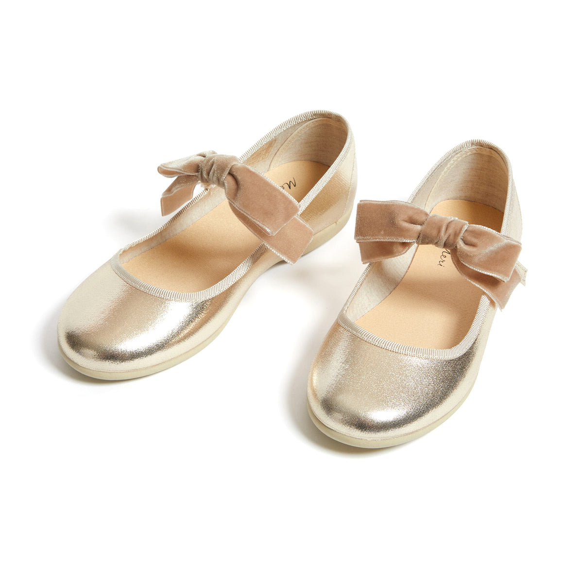 Meri Meri x Marjen Missy metallic gold Mary Jane with velvet bow, pair angled