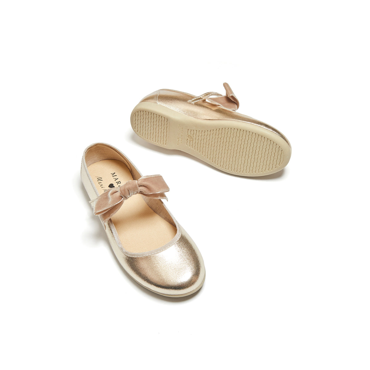 Meri Meri x Marjen Missy metallic gold Mary Jane with velvet bow, pair with sole shown