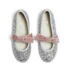 Meri Meri x Marjen Sabrina silver glitter Mary Jane with rose velvet bow, top-down view of pair