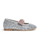 Meri Meri x Marjen Sabrina silver glitter Mary Jane with rose velvet bow, side view