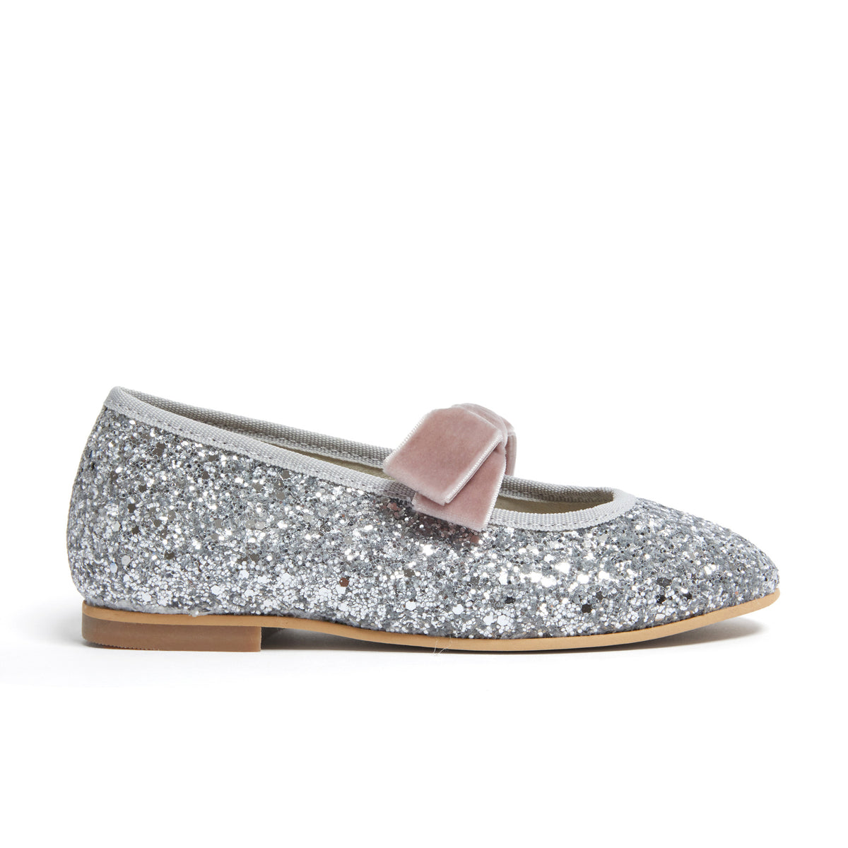 Meri Meri x Marjen Sabrina silver glitter Mary Jane with rose velvet bow, side view
