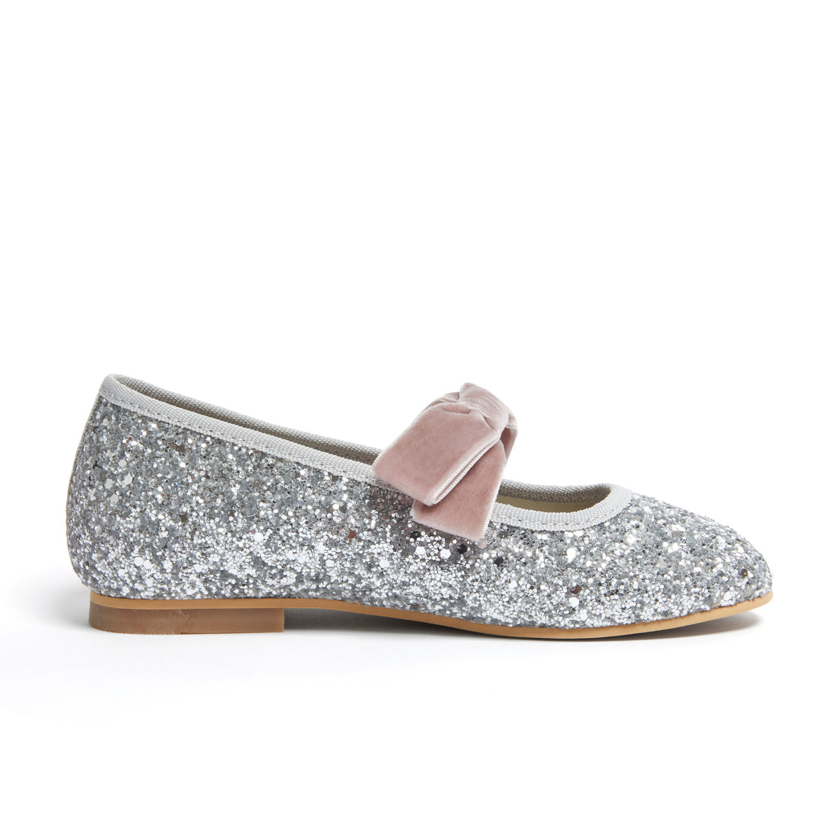 Meri Meri x Marjen Sabrina silver glitter Mary Jane with rose velvet bow, side view