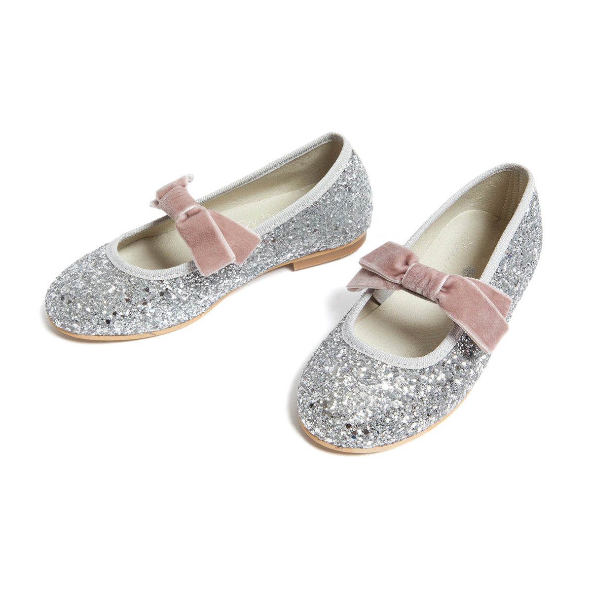 Meri Meri x Marjen Sabrina silver glitter Mary Jane with rose velvet bow, pair angled