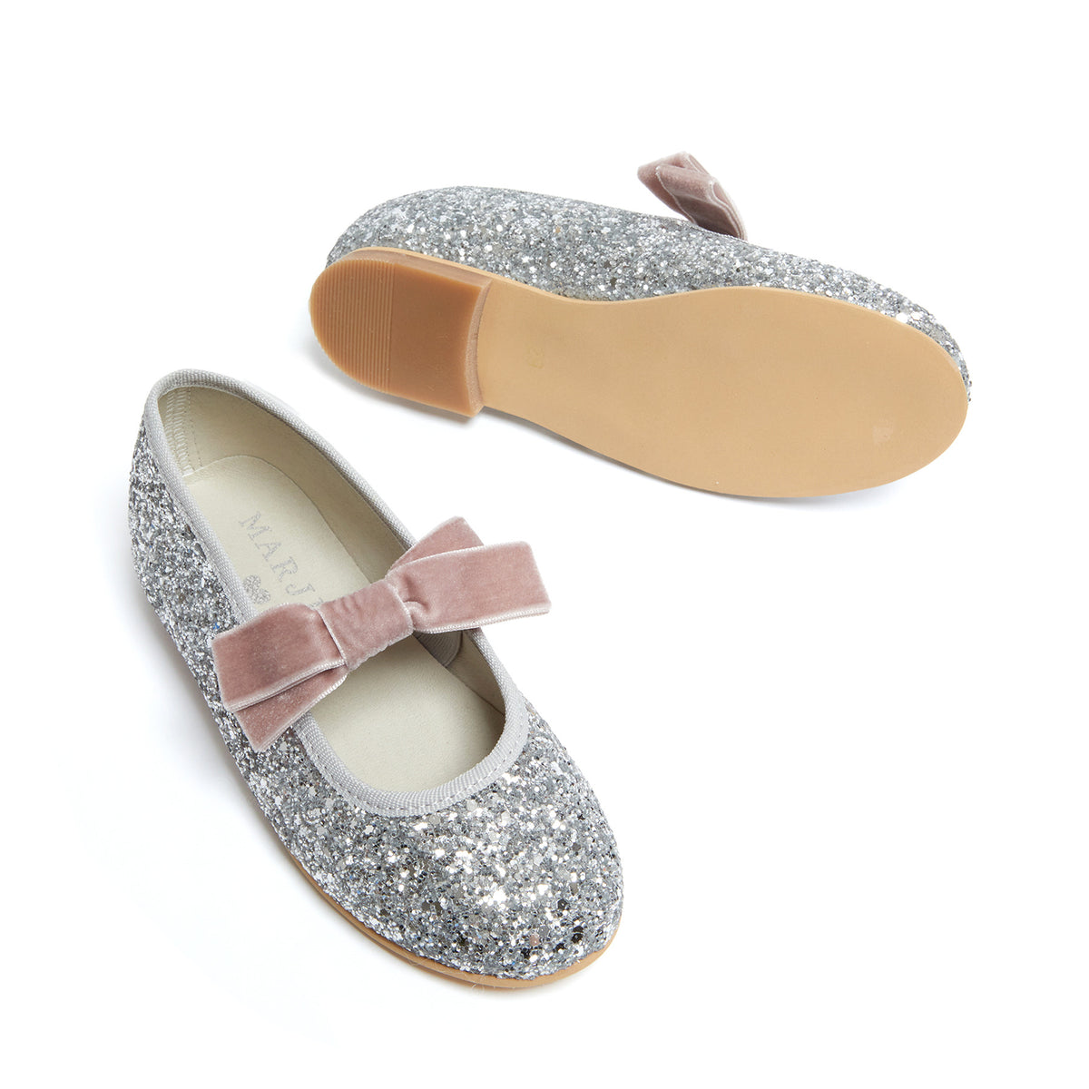 Meri Meri x Marjen Sabrina silver glitter Mary Jane with rose velvet bow, pair with sole shown