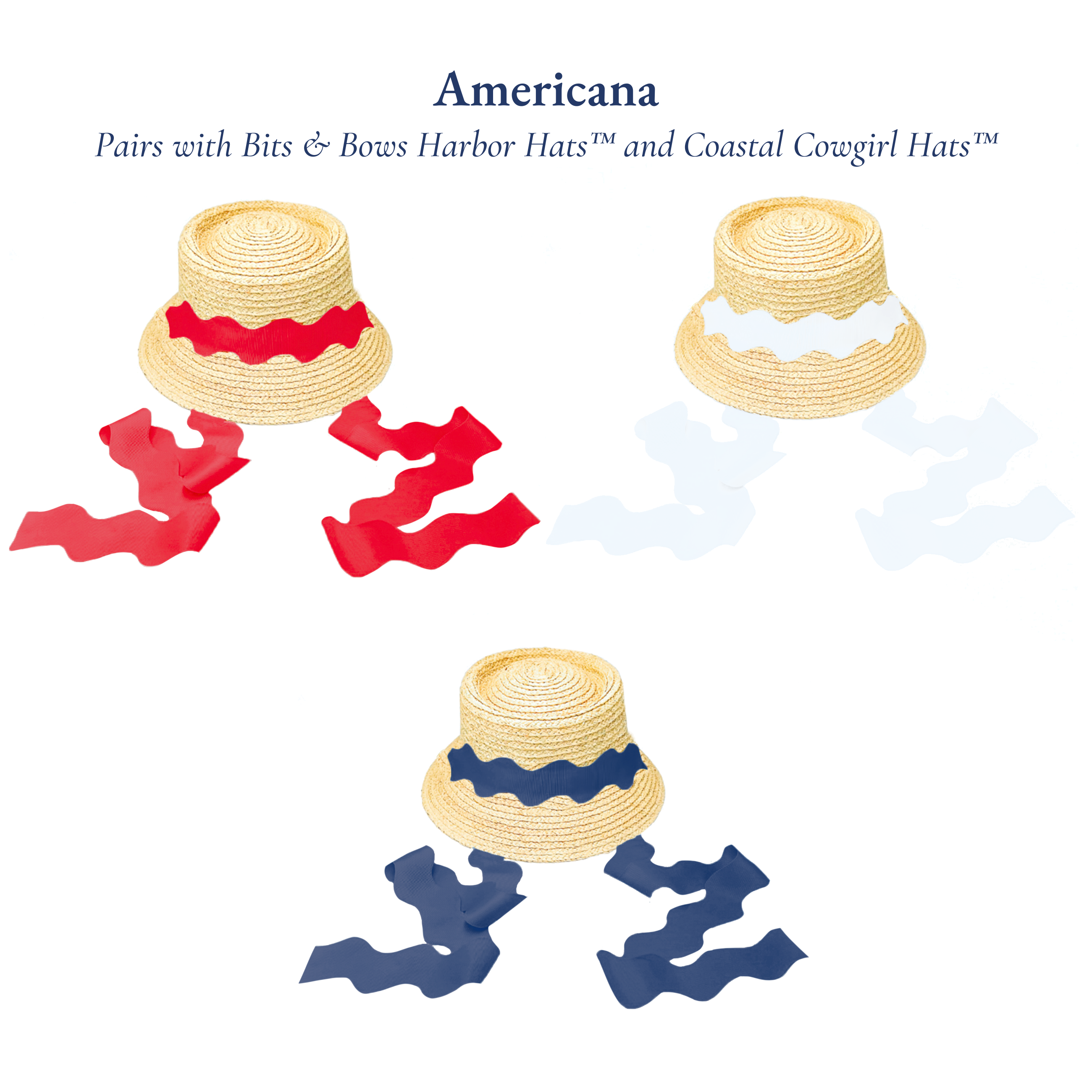 Three straw hats with decorative ribbons on a white background, labeled 'Americana'.