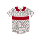 Grace Bubble in Regent Wreaths holiday print with red velvet sash and Peter Pan collar, finished with crisp white pleated trim for baby and toddler girls.