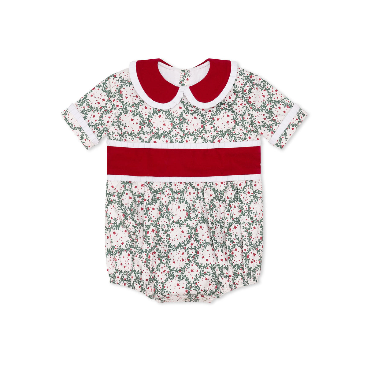 Grace Bubble in Regent Wreaths holiday print with red velvet sash and Peter Pan collar, finished with crisp white pleated trim for baby and toddler girls.