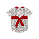 Grace Bubble in Regent Wreaths holiday print with red velvet sash and Peter Pan collar, finished with crisp white pleated trim for baby and toddler girls.
