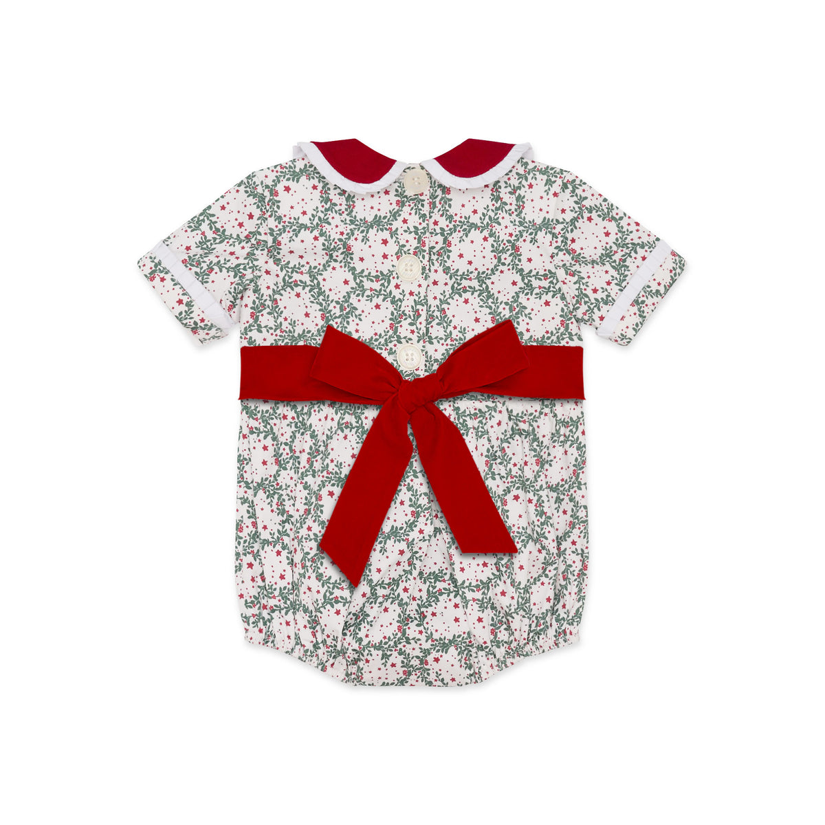 Grace Bubble in Regent Wreaths holiday print with red velvet sash and Peter Pan collar, finished with crisp white pleated trim for baby and toddler girls.