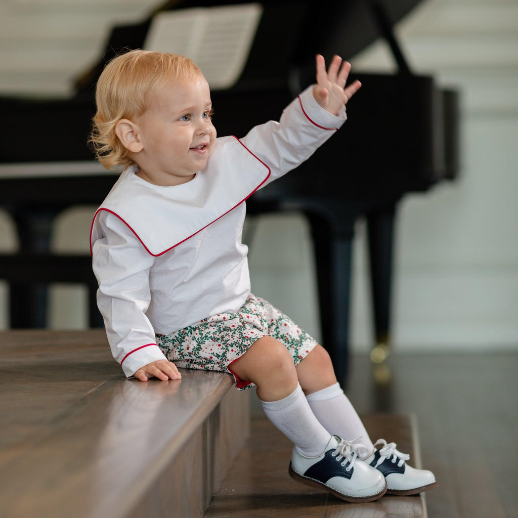 Long Sleeve Barrett Bib Shirt in White with Oxford Red Trim - Henry Duvall